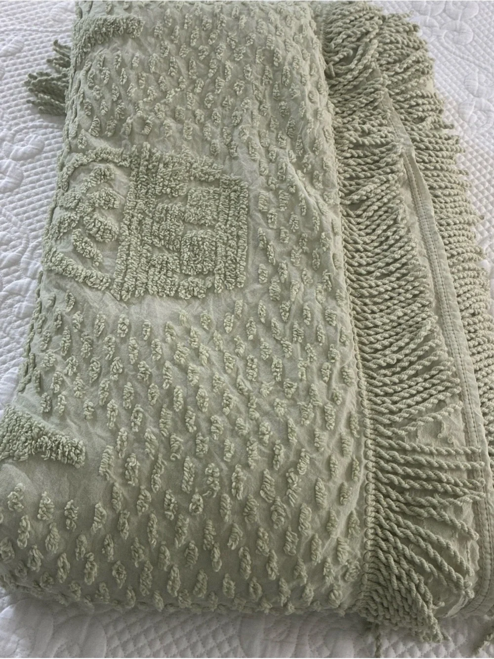 Vintage Chenille Mint Tulips Bedspread French Farmhouse Cottage 96x108
